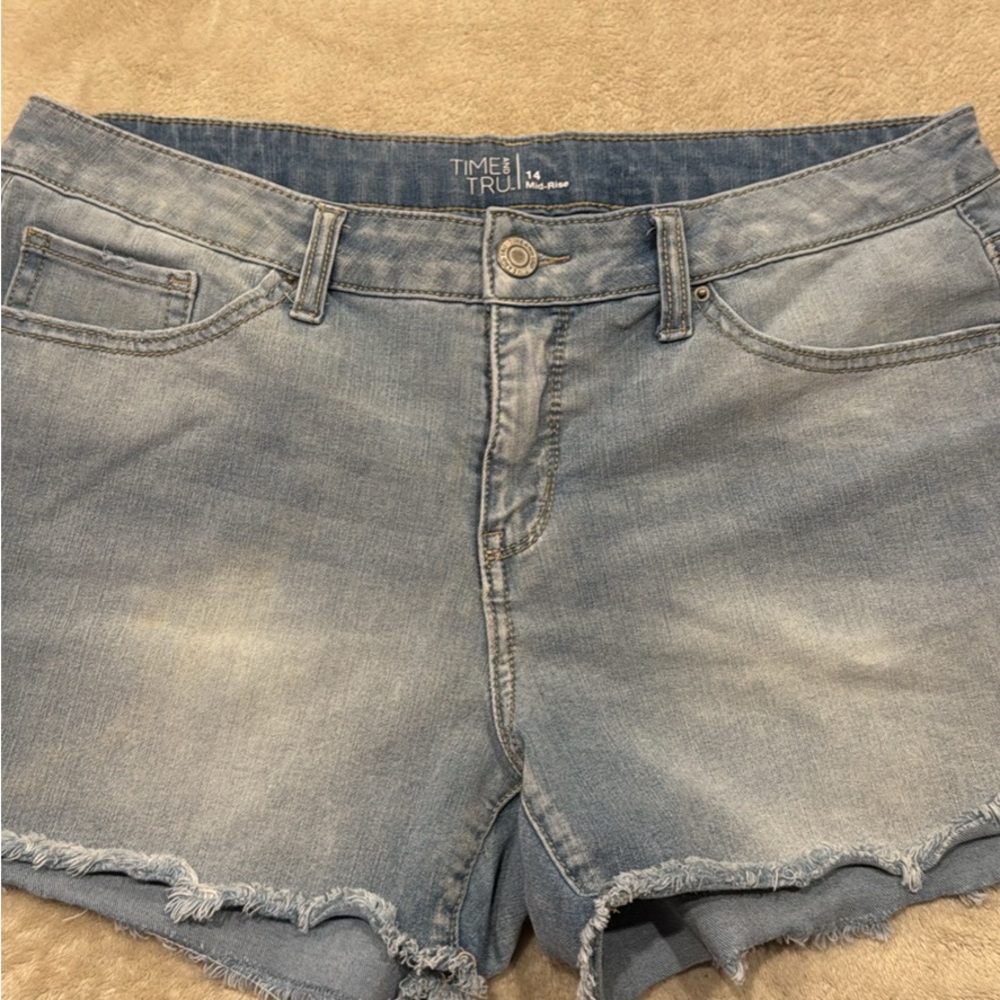 Time and Tru Blue Jean Shorts with Frayed Hem
